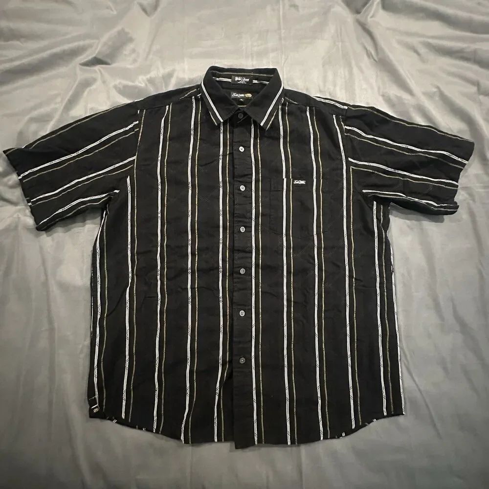 Ecko Unltd Shirt Mens XL Striped Quilted Short Sleeve Black Button Grunge 00s